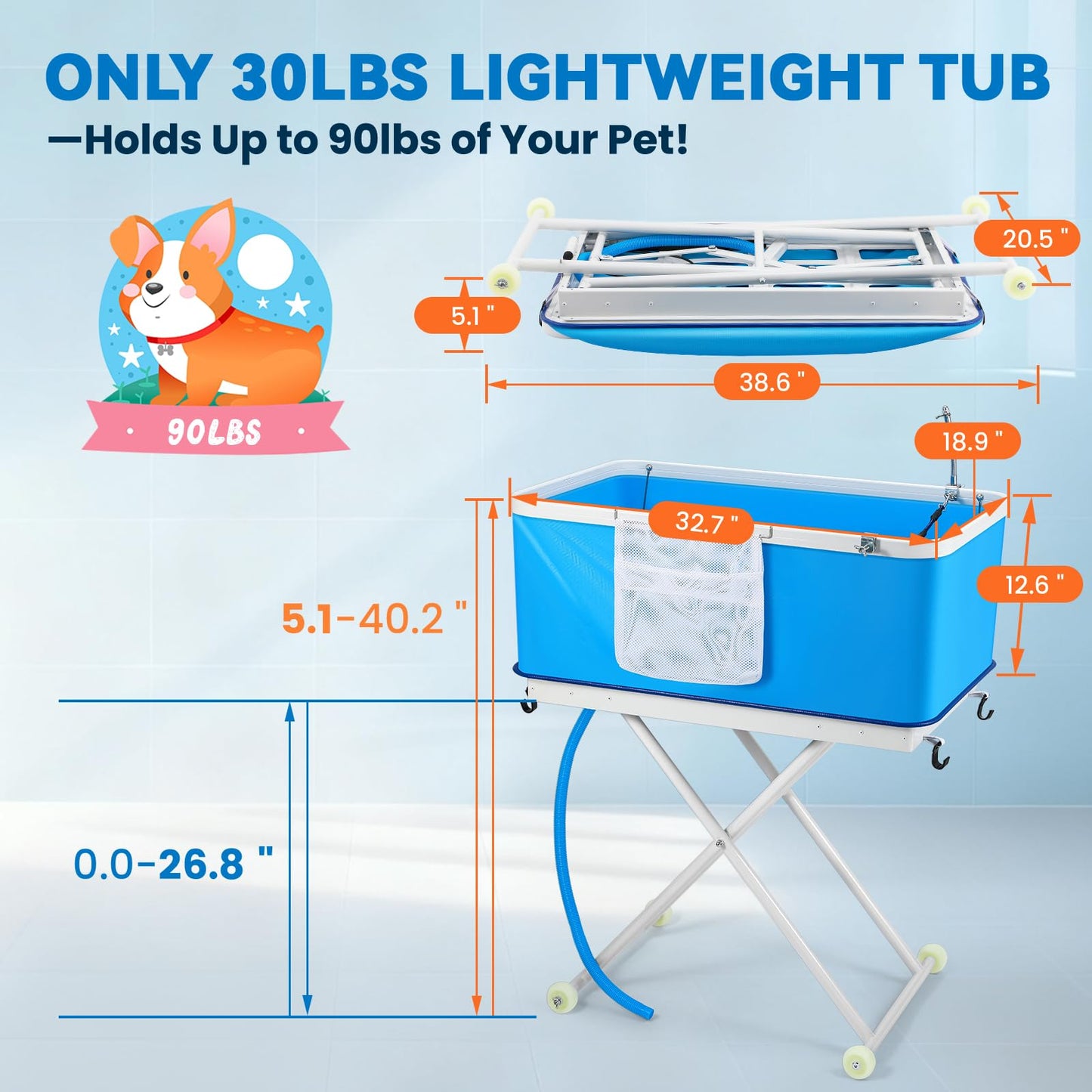 Proshine Foldable Dog Bathing Tub with Wheels, Adjustable Height 0-26.8" Pet Wash Station, Portable Dog Bath Tub for Large Dogs Up to 90lbs, with Drain & Storage Bag