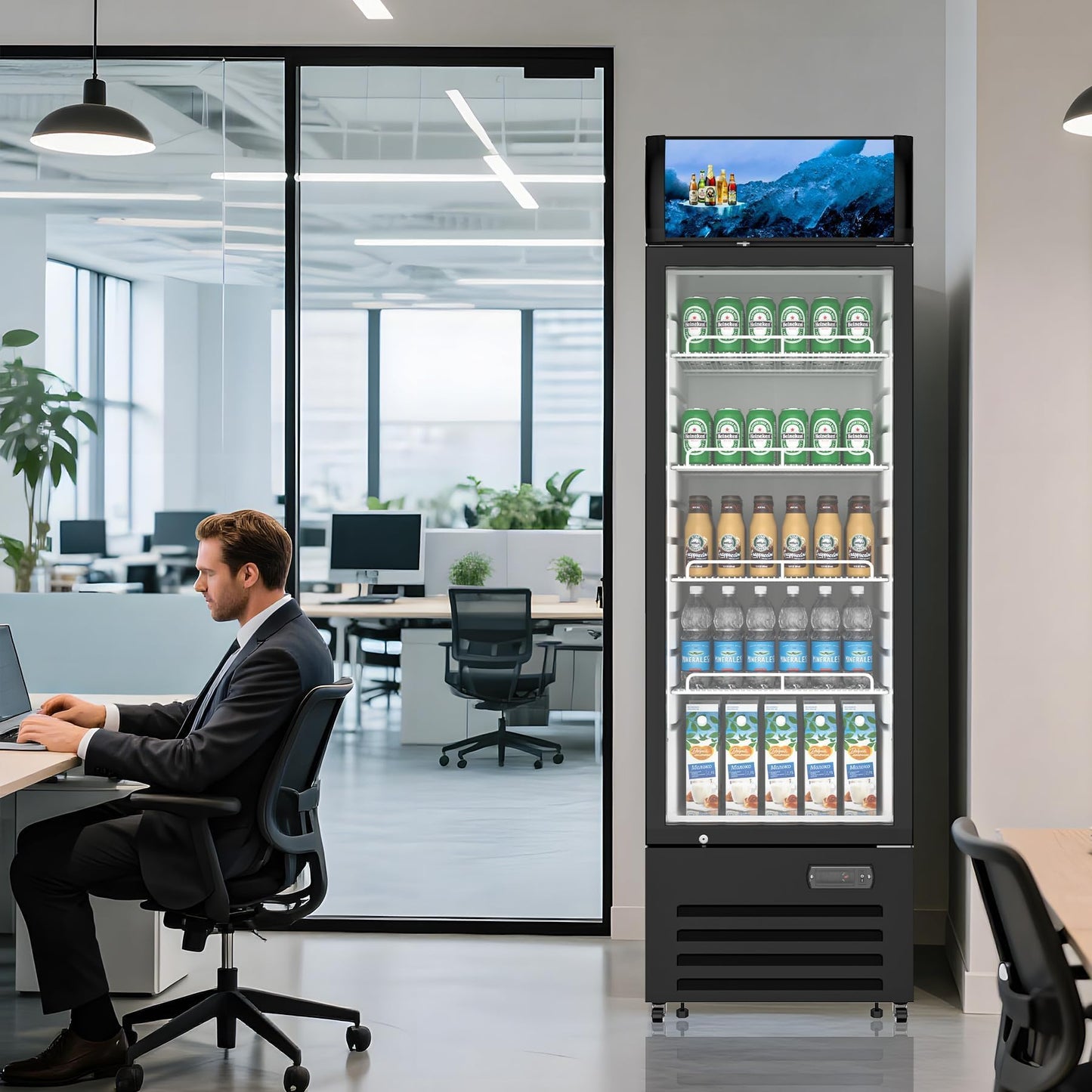 Rockitch Commercial Beverage Refrigerator with 1 Glass Door, 12.3 Cu.ft Commercial Upright Display Merchandiser, Drink Cooler Fridge with LED Light, Lock Wheels for Bar, Shop, ETL Approved