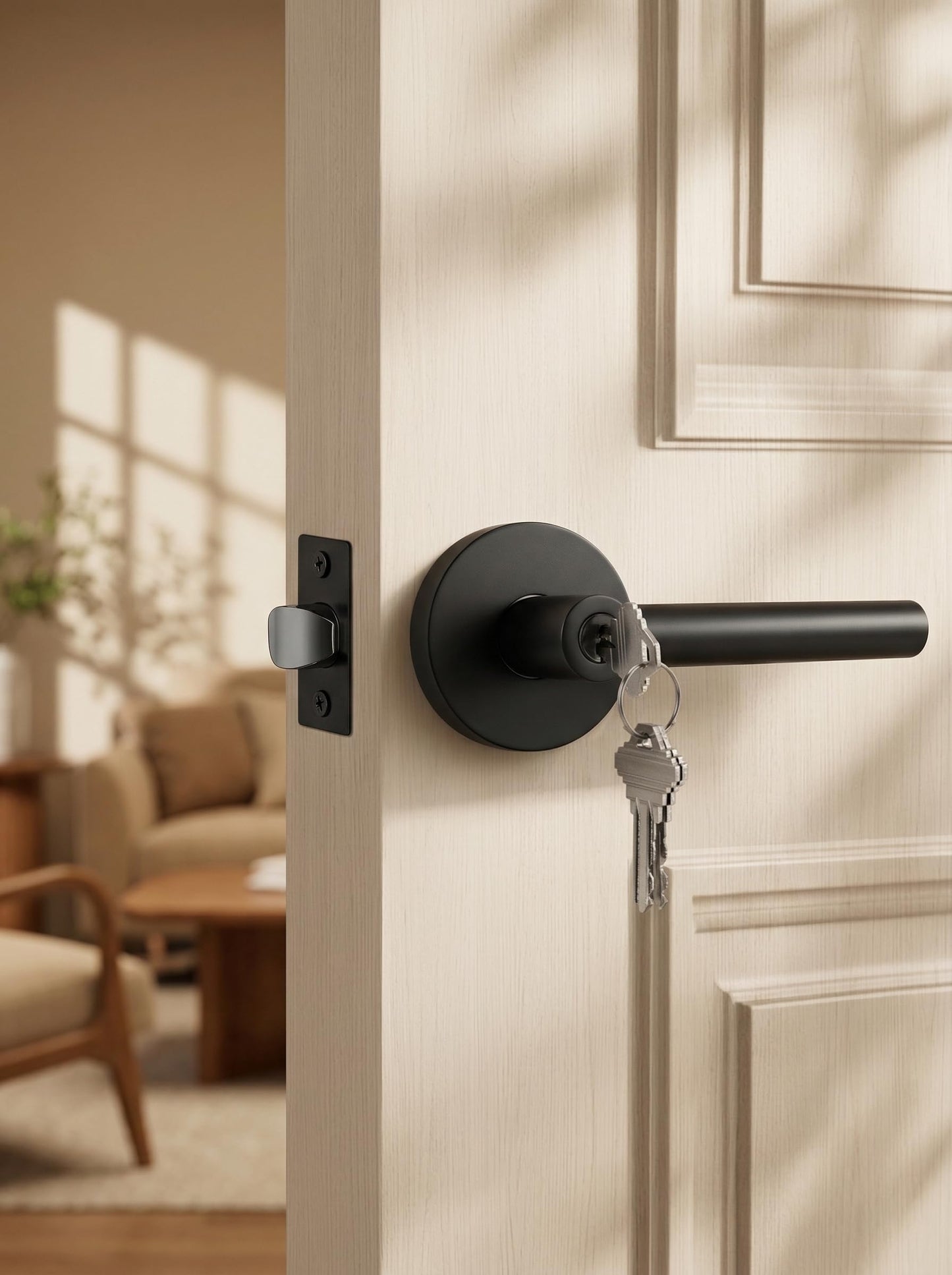 Goldenwarm Matte Black Entry Door Handle with Lock and Key, Zinc Alloy Exterior Door Handle, Balck Keyed Front Door Lever (1 Pack)