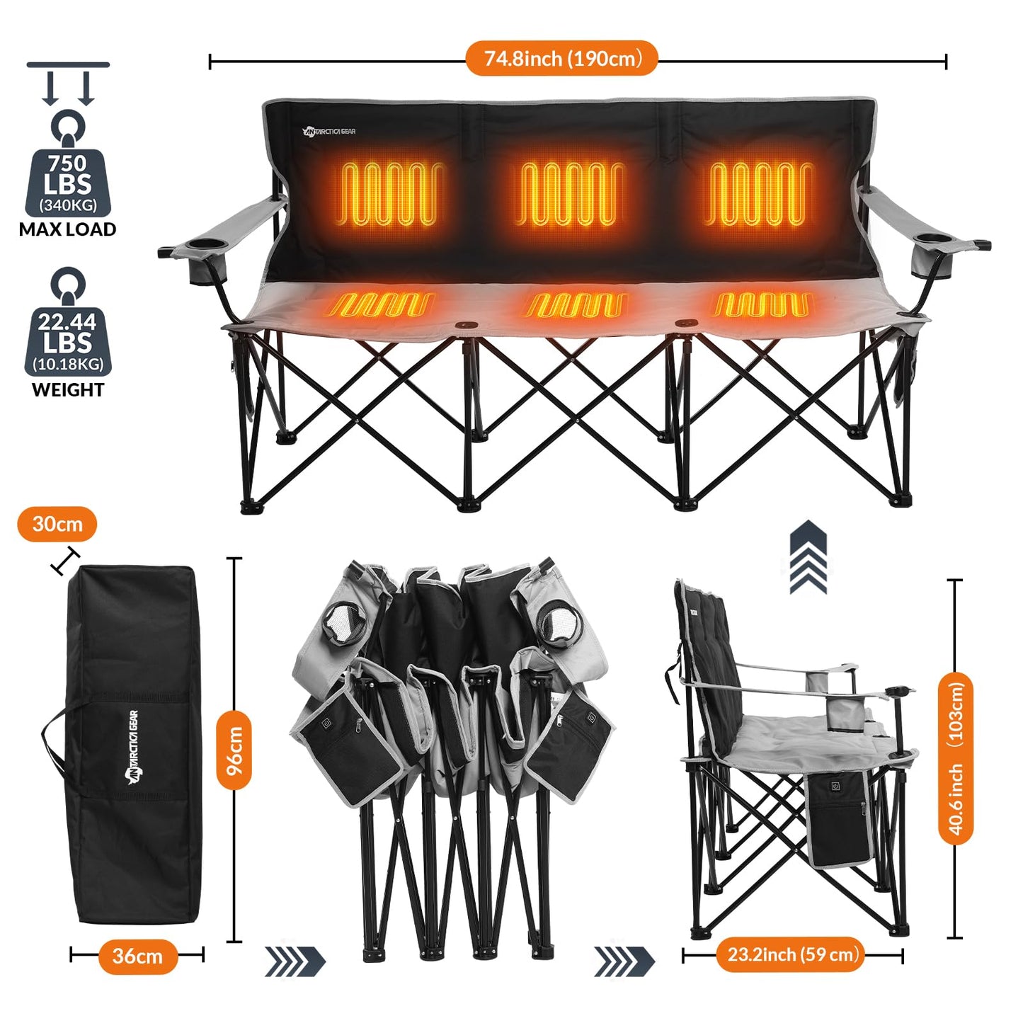 ANTARCTICA GEAR Heated Double Camping Chair with 12V 15000mAh Battery Pack - Heavy-Duty XL Folding Bench for Outdoor, Campsites, Tailgating - Portable Heated Seating with Adjustable Warmth