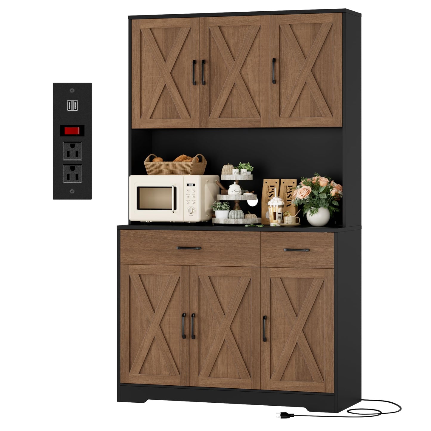 HOSTACK 71" Pantry Cabinet with Charging Station, Tall Kitchen Pantry Storage Cabinet with Microwave Stand, Farmhouse Kitchen Hutch with Storage Drawers for Living Room, Dining Room, Brown/Black