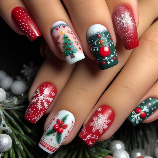 24 Pcs Christmas Press on Nails Medium Square Fake Nails Christmas Tree Colored Lights Acrylic Nails New Year Snowflake Xmas Tree Glue on Nails for Women Nails Manicure Decoration