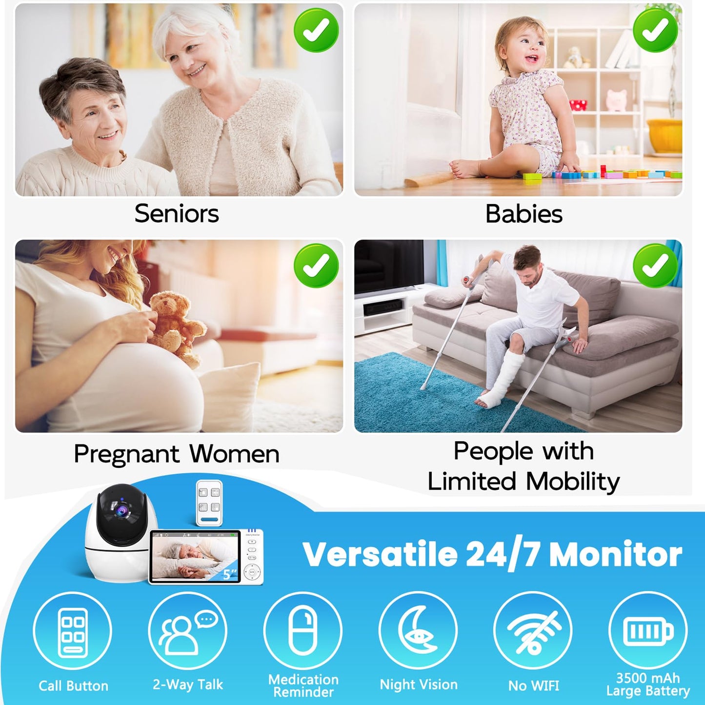 Elderly Monitor with Camera and Audio & Call Button, 2-Way Talk Room Monitors for Elderly, Med Reminder Temp Alert Baby Monitors for Elderly Care & Caregivers, PTZ Camera for Senior Monitoring/No WiFi