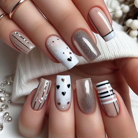 Valentine's Cat Eye Press on Nails Medium Square Black Heart Lines Design Valentine's Acrylic Nails White Gradient False Nails Holiday Nails Full Cover Artificial Nails Stick on Nails for Women