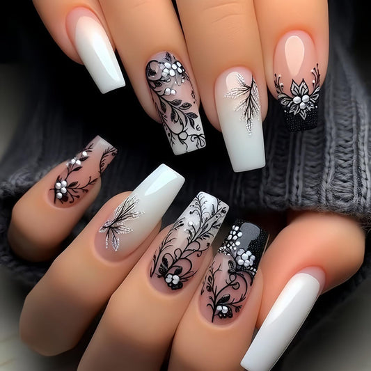 CJDLTS Press on Nails Medium Length Ballet Shaped Black Branches Pattern Design Glossy Medium Acrylic False Nail Full Cover Artificial Press Ons Stick on Nail French Glue on Nails for Women 24Pcs
