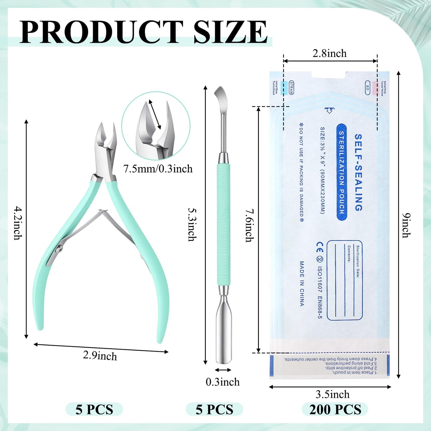 Lothee 10 Pack Cuticle Trimmer with Pusher 200 Self Sealing Sterilization Pouches, Professional Stainless Steel Cuticle Nipper Remover Cutter Manicure Tool Kit for Home Salon Nail Care(Mint Green)
