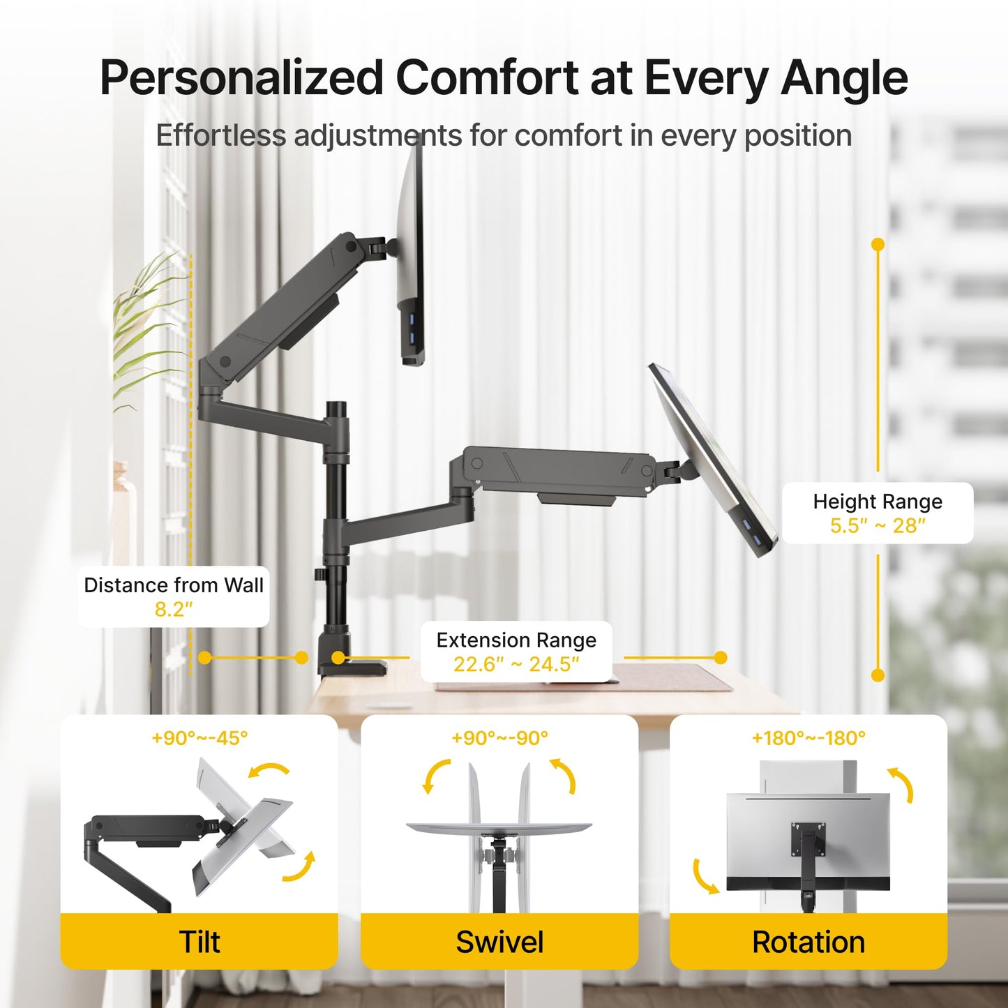 monTEK Dual Monitor Mount Tall Monitor arms for 2 Monitors for 17 to 35 Inch Curved Screen Holds 35 Lbs Adjustable Heavy Duty Monitor Desk Mount Cable Management, VESA 75/100mm