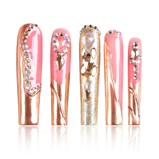 Tmani 10pc/set Extra Long Handmade Press On Nail Hot Girl's Long Ballet Nails Square Nail Full of Diamond Glitter Decoration Fake Nails Suitable For Girls Festival Parties and Birthday Gift (289,L)