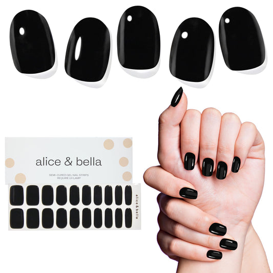 ALICE & BELLA Semi Cured Gel Nail Strips-20 PCS Solid Black Nail Strengthening Gel Stickers, Use with UV Light Lamp, Salon Quality Manicure Wraps (Glossy Solid Black)