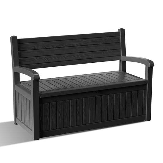 EasyUp 80 Gallon Outdoor Storage Bench Lockable Deck Box Outdoor Storage Box Waterproof for Patio,Garden,and Porch – Perfect for Storing Garden Tools and Cushions(Black Srtipe)