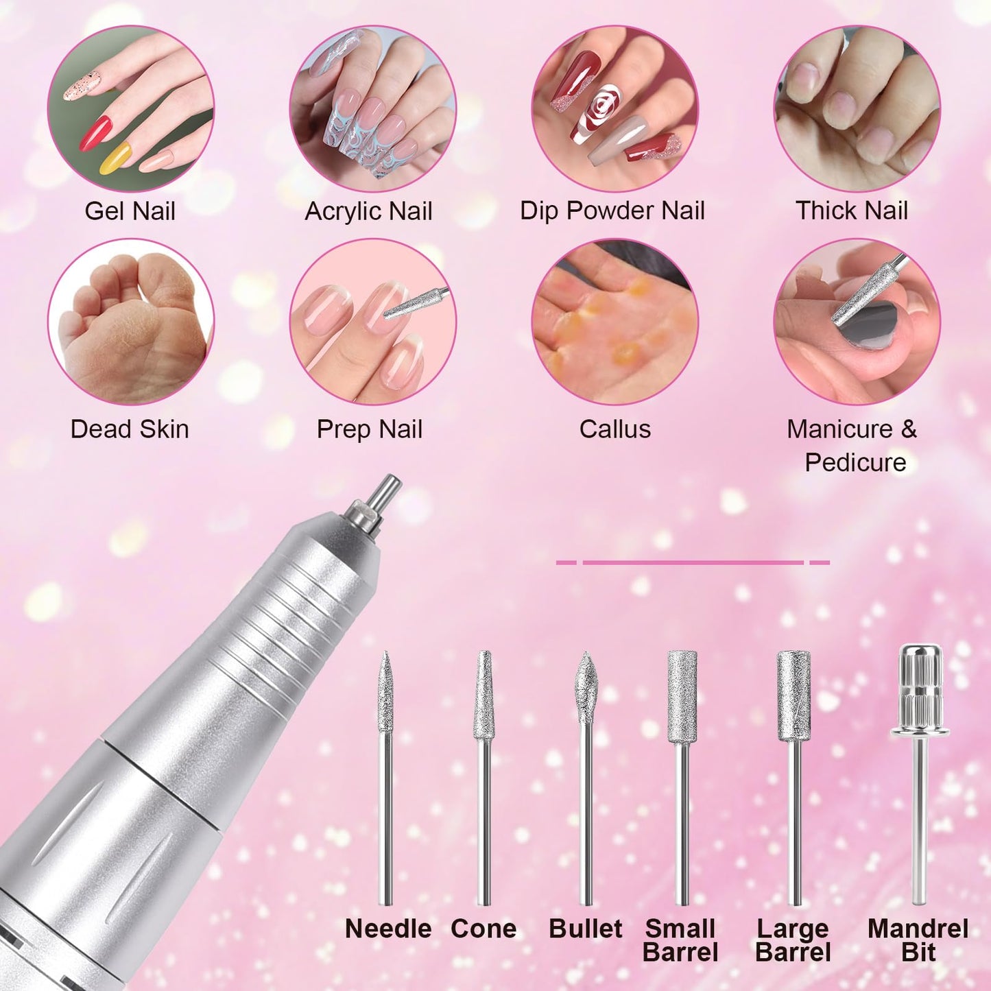 siyuwuro Portable Nail Drill 45000 RPM Professional Cordless Rechargeable Electric Nail File for Removing Polishing Acrylic Gel Nails with 6 Drill Bits & Sanding Bands, Nail Salon Home Use, Pink