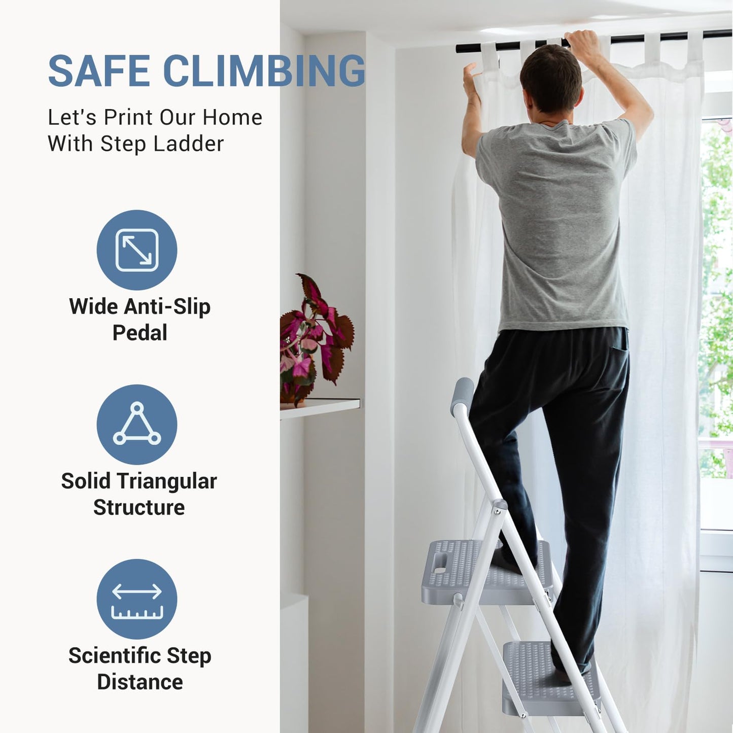 DUMOS Step Ladder, 2 Sturdy Step Stool with Anti-Slip Pedal & Comfortable Handrail, Portable Heavy Duty Step Stool for Kitchen, Garage & Outdoor Use, 800lbs, Grey