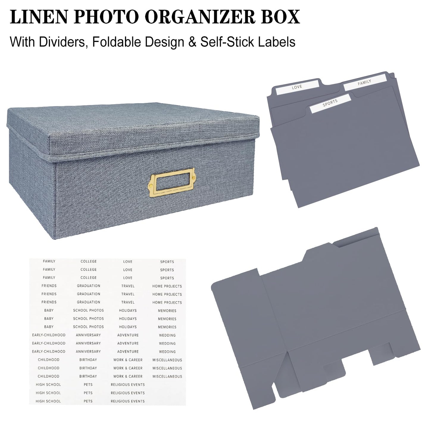 Sprsthai Linen Photo Storage Box – Holds 1700 Photos, 24 Adjustable Dividers & 72 Labels Multi-Use Organizer for Photos, Envelopes, Recipes Beige