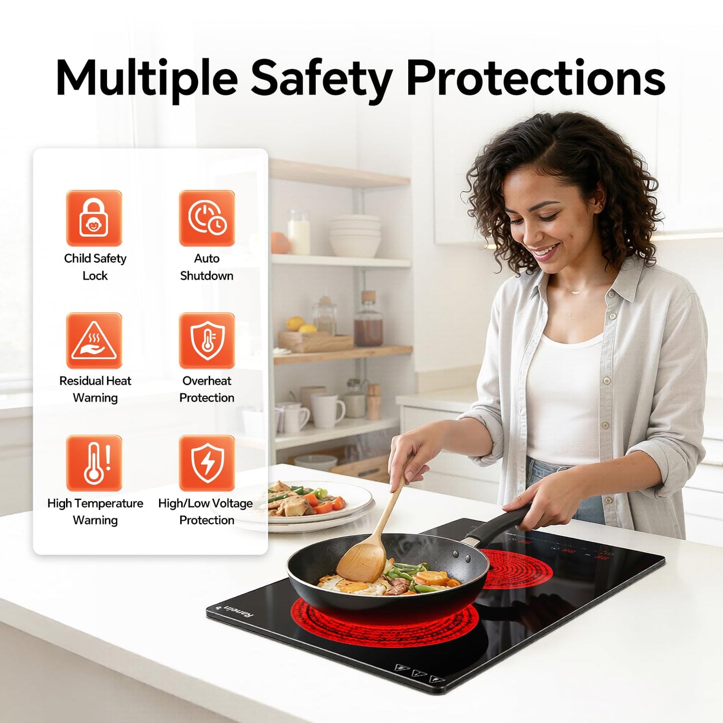 Ranein Electric Cooktop with 2 Burners, 12 inch 3000W 240V Ceramic Panel Electric Cooktop, Multiple Safety Protections Stove, Touch Screen