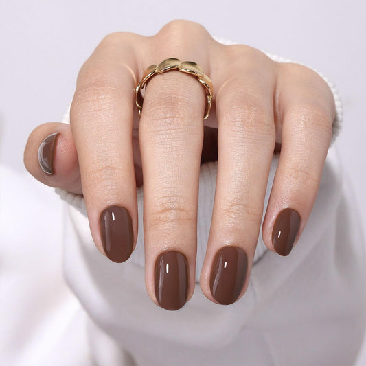 Chocolate Brown Press on Nails Short Oval - GJZEZ Soft Gel Solid Color Fake Nails Press ons, Hign Glossy Salon Quality Glue on Nail | 32Pcs - 16 Sizes Reusable Stick on Nails for Women, Mocha Cake