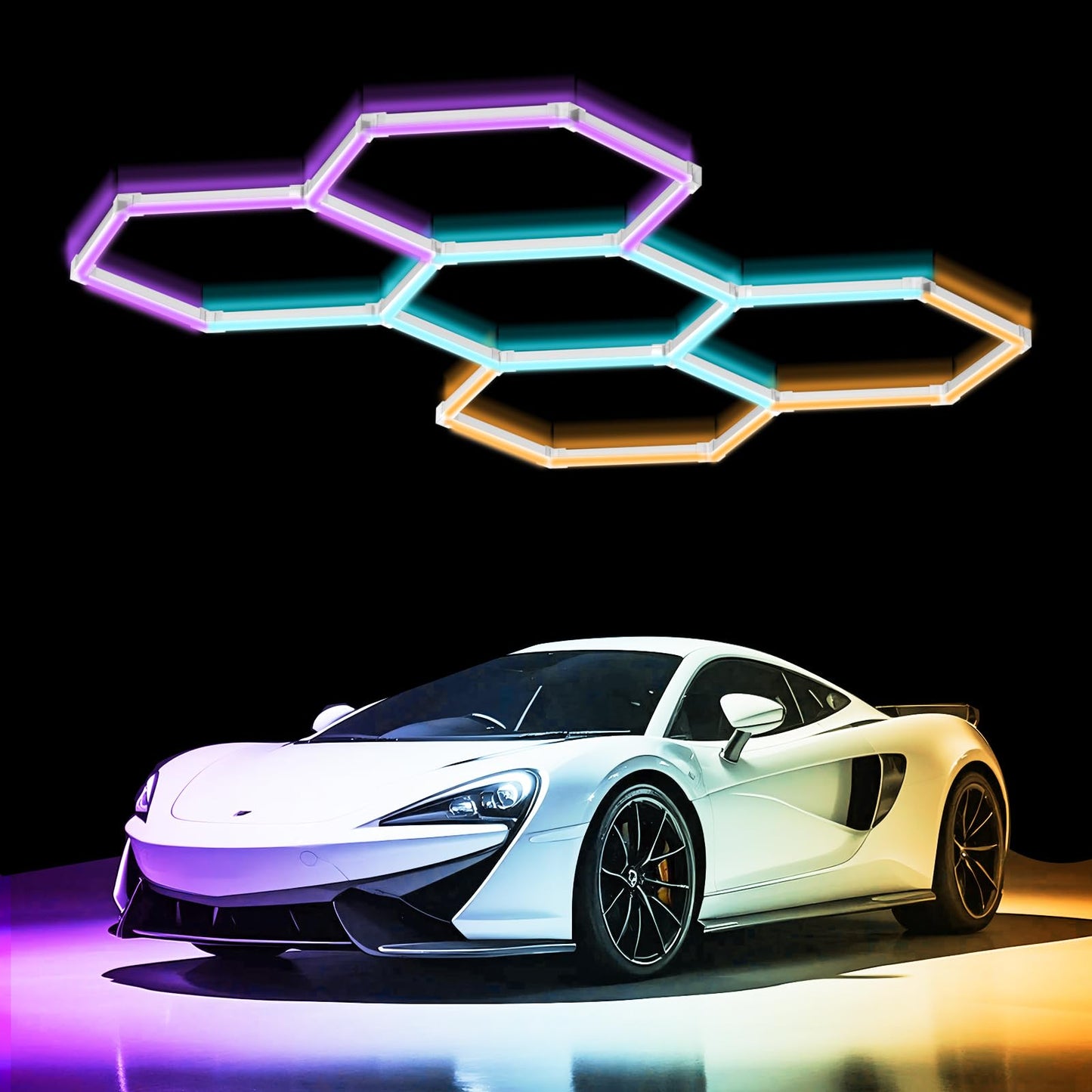 RGB Hexagon LED Light，Hexagon Garage Lights with Color Changing Modes, Dimmable Linkable Music Sync, Speed Adjustable Hex Lighting for Gaming Room, Bar, Club, Home Party, Music Studio, Gym (5 hex)
