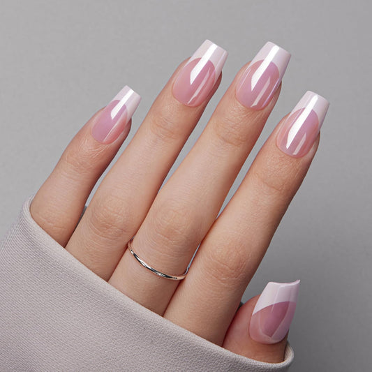 VSALON Press on Nails Short Coffin - Pink French Tips Glazed Chrome Fake Nails Kit, Long-Lasting & Reusable Opaque Soft Gel Spring Nails with Glue & Cuticle Oil