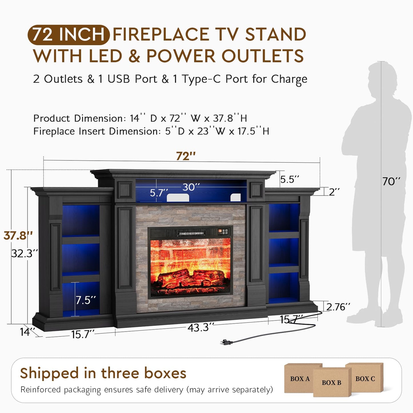 72'' Fireplace TV Stand with Outlet & LED, Electric Fireplace with Mantel, Entertainment Center with Storage, 23'' Fireplace Heater Insert with 3D Flame Effect for Living Room, Black