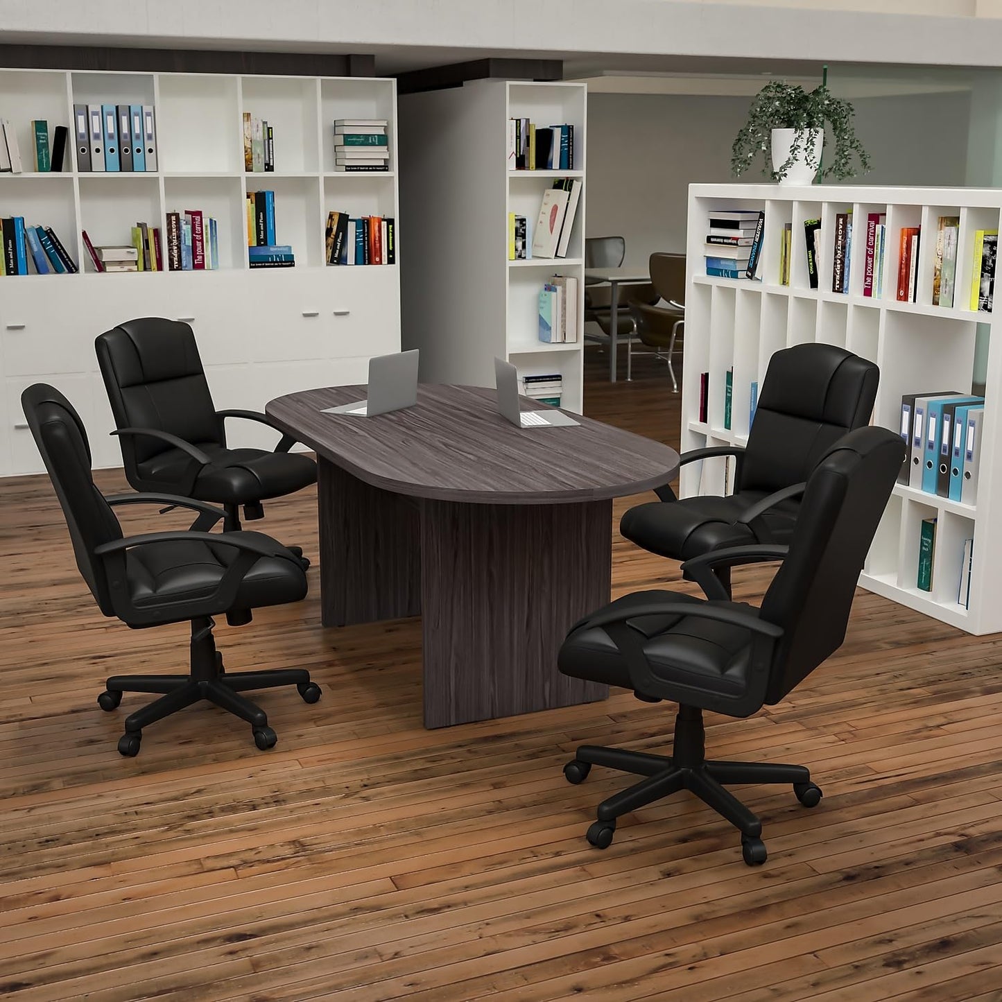 Flash Furniture Lake 5 Piece Rustic Gray Oval Conference Table Set with 4 Black LeatherSoft-Padded Task Chairs
