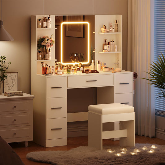 GarveeHome 43" Large Vanity Desk with 3 Colors LED Light and Mirror - Vanity Desk Set with Power Outlet and Hairdryer Rack - Makeup Vanity Table with 7 Drawers and Shelves for Bedroom