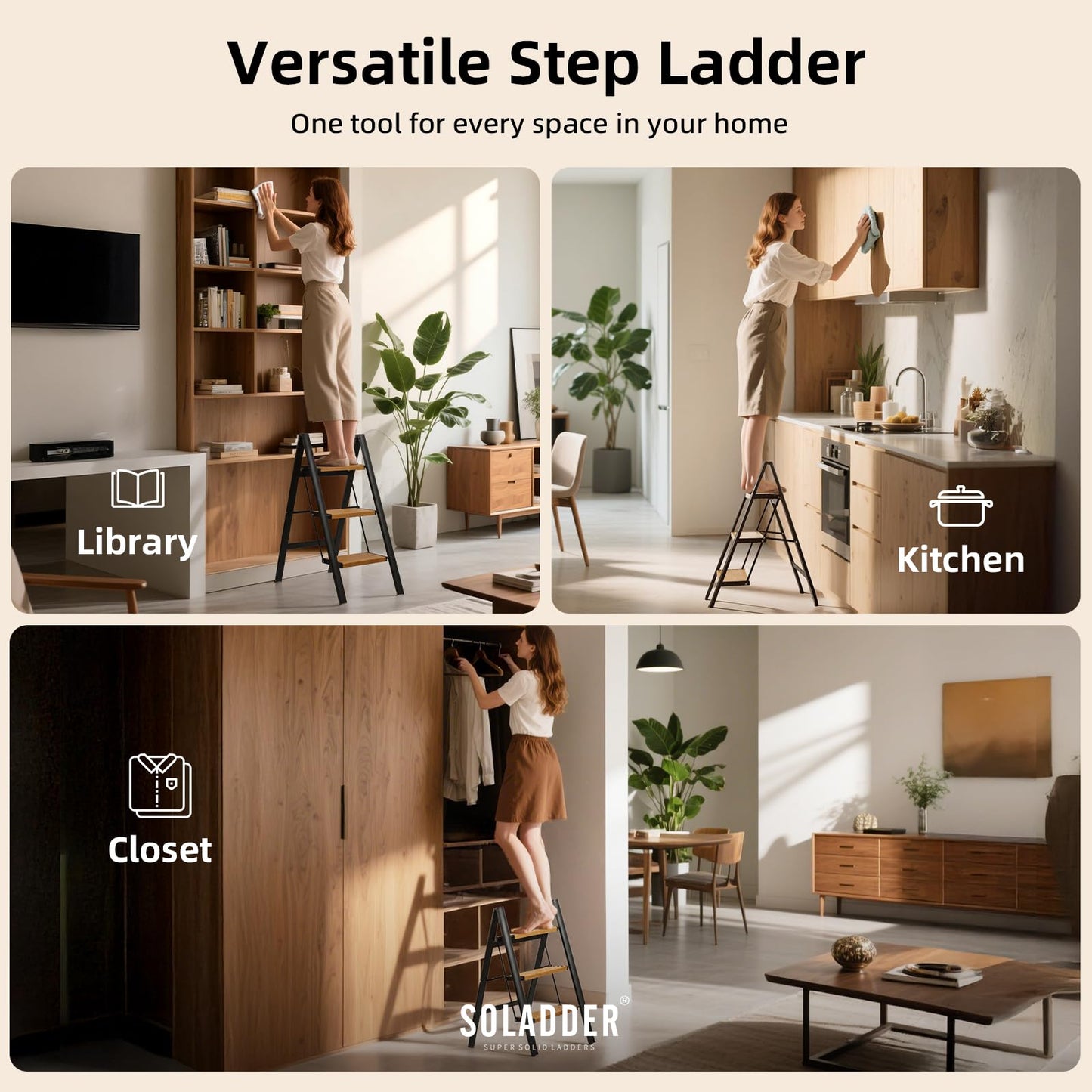 SOLADDER 3 Step Ladder, Anti-Slip and Lightweight Foldable Step Stool for Adults & Kids to Use in Kitchen, Closet and Library, 300lbs(Black&Woodgrain)