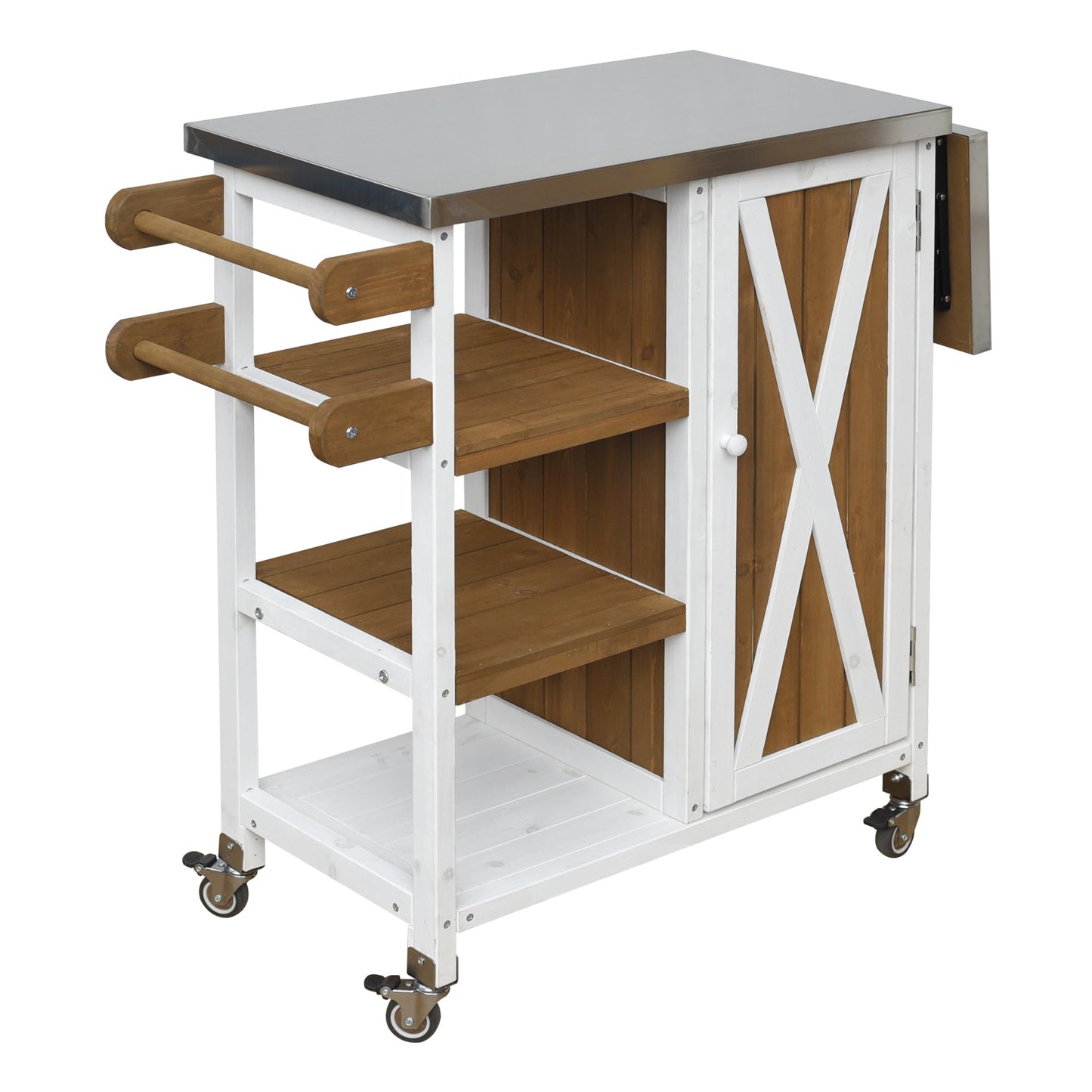Casaphoria Outdoor Grill Cart with Folding Stainless Steel Tabletop,40" x 15" Rolling BBQ Prep Station & Kitchen Island, Wood Garden Table with Storage Cabinet and Towel Rack,White