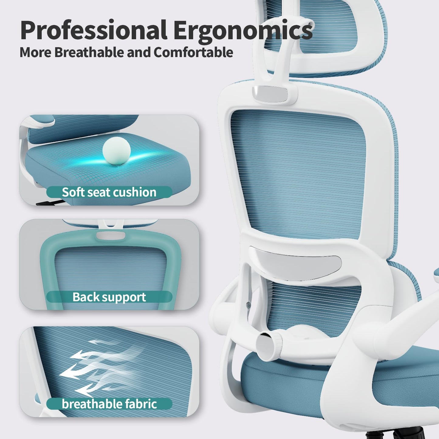 TRALT Office Chair Ergonomic Desk Chair, 330 LBS Home Mesh Office Desk Chairs with Wheels, Comfortable Gaming Chair, High Back Office Chair for Long Hours (Sky Blue)