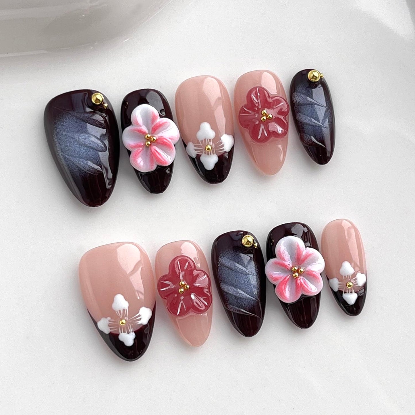 Handmade Press on Nails Almond Short 3D Floral Nails French Tip Thick Acrylic Fake Nails Purple False Nails with Pink Flower Designs Elegant Sturdy Nail Art Press on Nails 10Pcs(M)