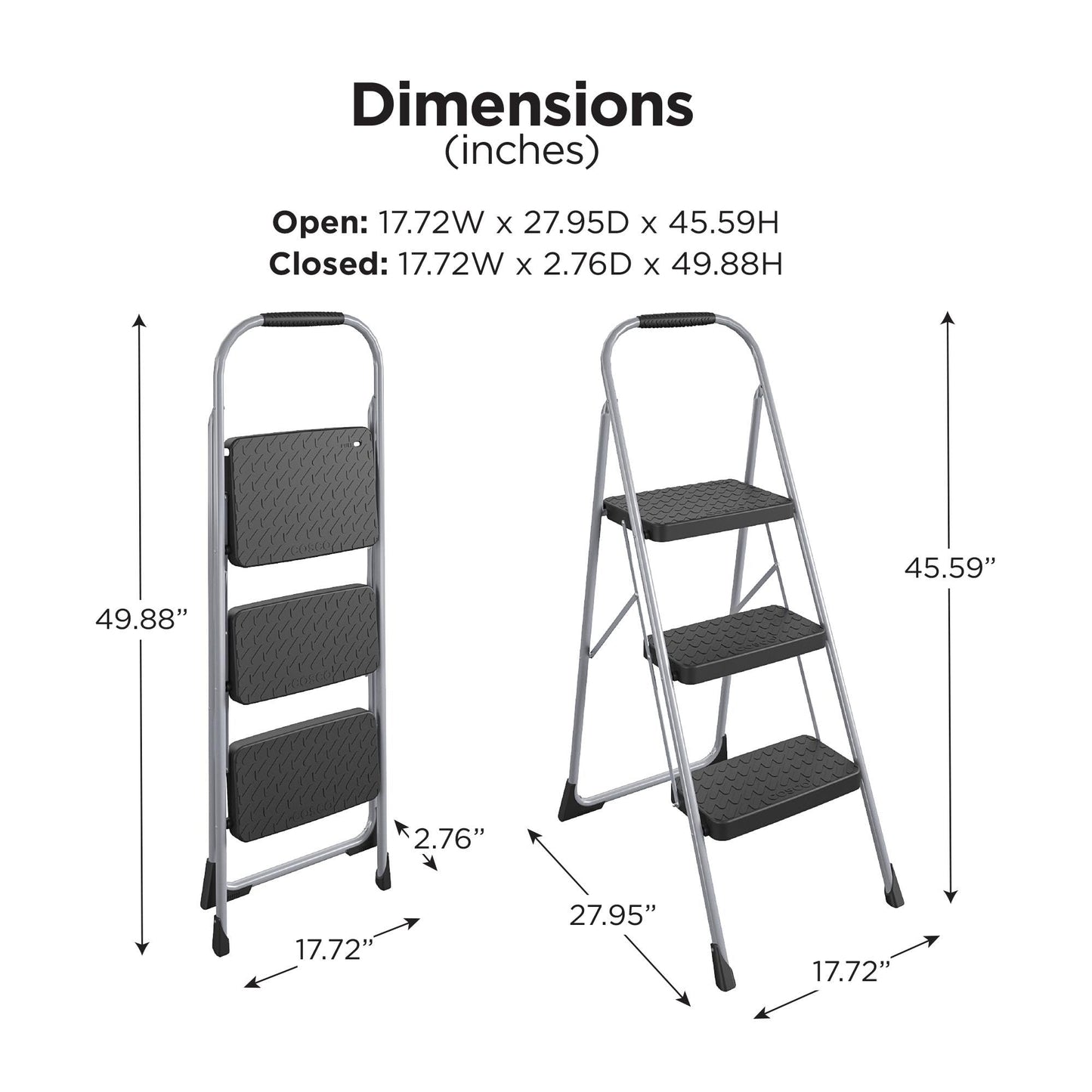Cosco 11408PBL1E Three Step Big Step Folding Step Stool with Rubber Hand Grip, Grey