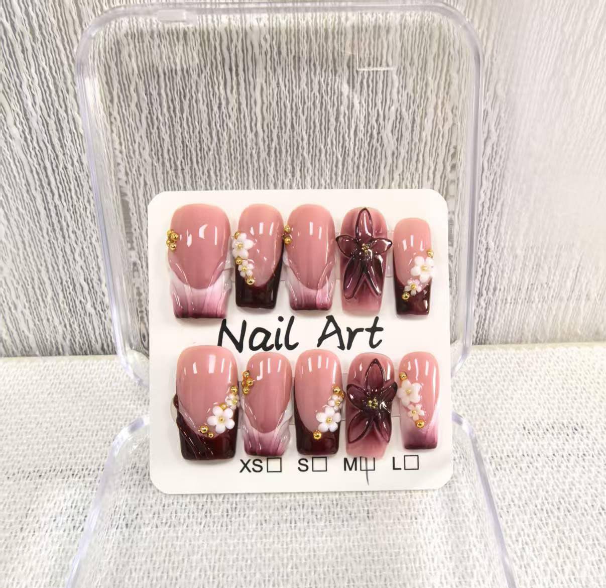 Handmade Press on Nails Medium Square Fake Nails Red French Tip with 3D Flower Designs luxury Pearl Charm Glossy Cute Acrylic Nails for Women 10pcs (Size M）