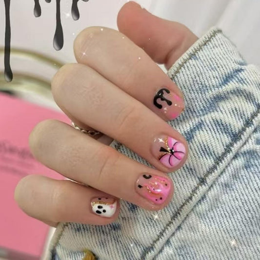 Pink Press on Nail Halloween Short Square Fake Nails Full Cover Cute Glue on Nails Pumpkin Blood Ghost designs Acrylic Gold Glitter Stick on Nail Reusable Halloween False Nails for Women Party24pcs