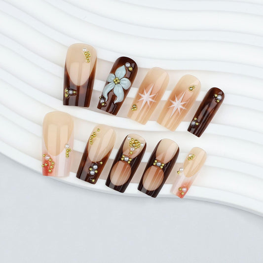plalely Press on Nails French Tip, Handmade Acrylic Press on French Tip Nails with Flower Designs，Long Square Nail Press Ons for Women 24pcs