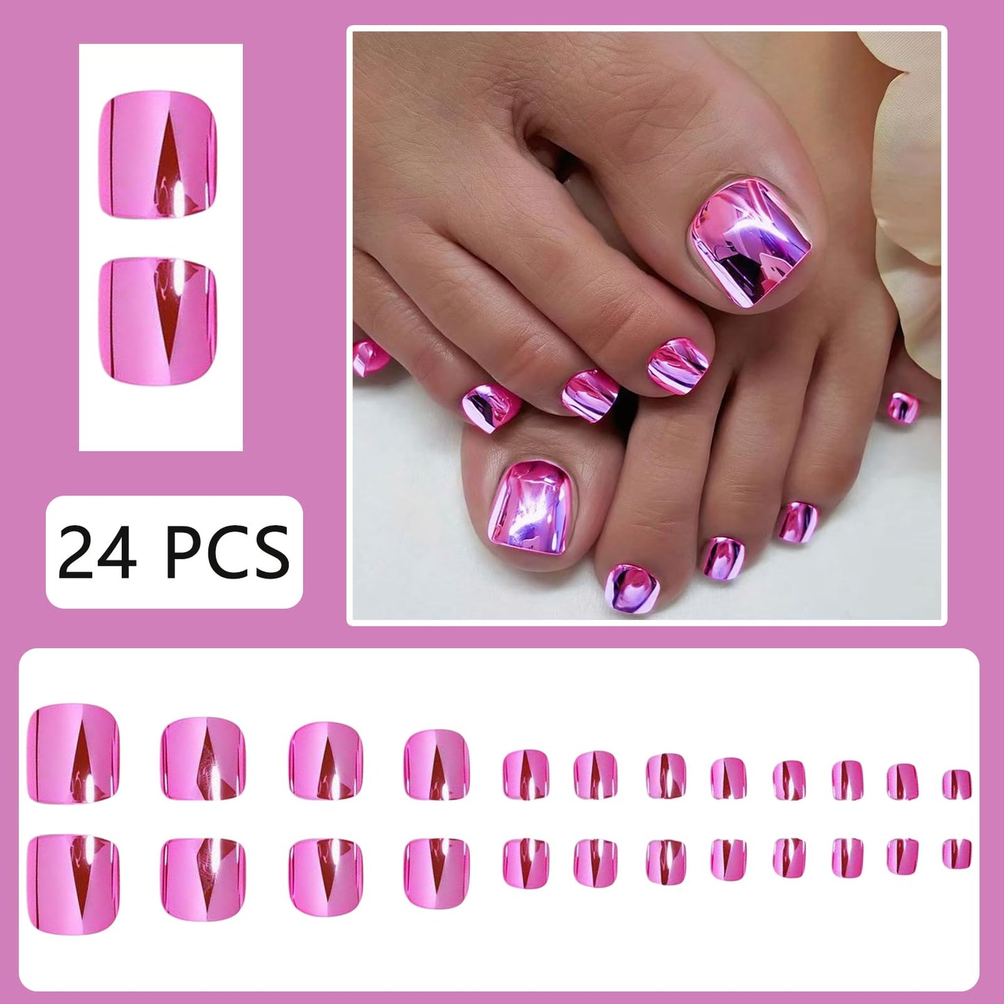 Pink Electroplating Press on Toes Nails Square Fake Toe Nails with Cherry Blossom Pink Chrome Designs Full Cover Metallic Mirror Acrylic Toe Toenails for Women Girls Summer Daily Wearable 24Pcs