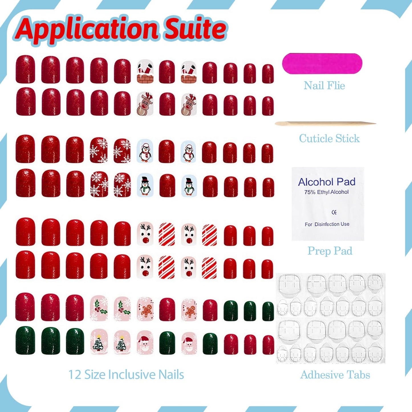 Christmas Press on Nails Kit 96 Pcs Short Square Fake Nails 4 Style Cute False Nails with Penguin Reindeer Snowflake Glitter Designs Red Glossy Glue on Nail Winter Acrylic Nails for Women Girls