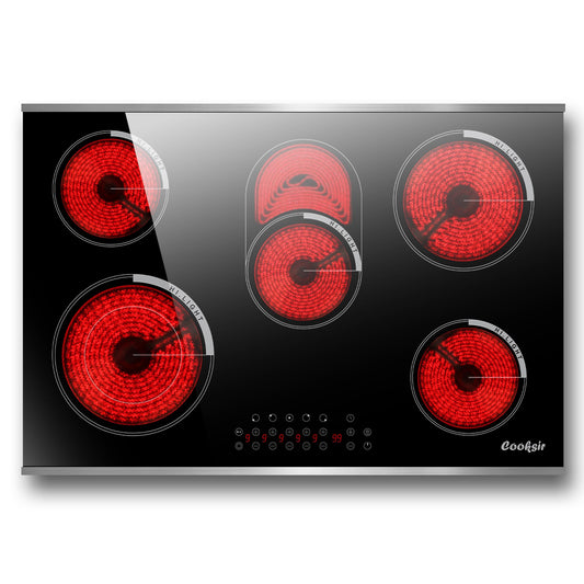 Cooksir Electric Cooktop 30 Inch - 5 Burner Electric Stove Built-in(29.13"x19.3") 8400W High Power, 30 In Ceramic Stove Touch Control with Timer, Safety Lock, Glass Metal Frame, 220-240V Hard Wired