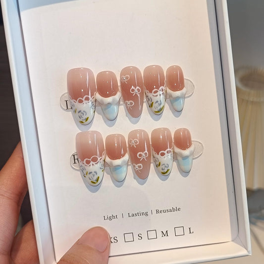 TENPAL Reusable Press on Nails Medium Almond,Hand-Painted Floral Bows Ruched French Tips in Blush Pink,Cottagecore Sweet Fake Nails with Full Manicure Kit,10pcs Cloud-Like Design Garden Party Nail(S)