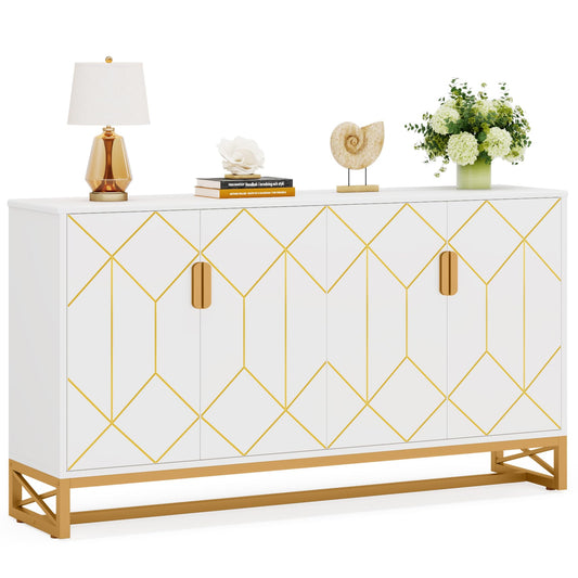 LITTLE TREE Storage Cabinet with Storage Shelves for Living Room, Modern Sideboard Buffets Cabinets Coffee Bar with Gold Metal Frame 4 Doors for Kitchen Dining Room Entryway Bedroom, White