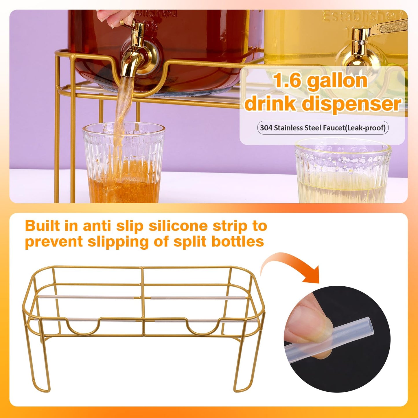 1.6 gallon Glass Beverage Dispenser with Stand, 2PACK Lemonade Dispenser with Spigot Stainless Steel, Drink Dispensers for Parties,Picnic,Weddings(Golden)