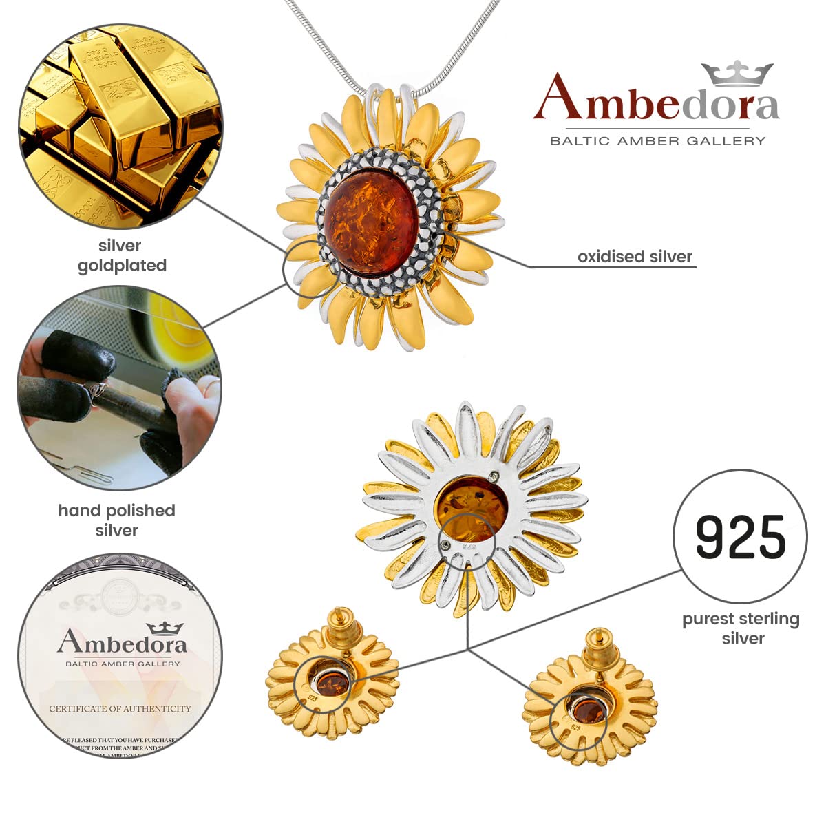 AMBEDORA Women's Jewellery Set Sunflowers, Gold Plated, Oxidised Sterling Silver, Baltic Amber in Cognac Colour, Gold Plated Pendant on Chain and Earrings
