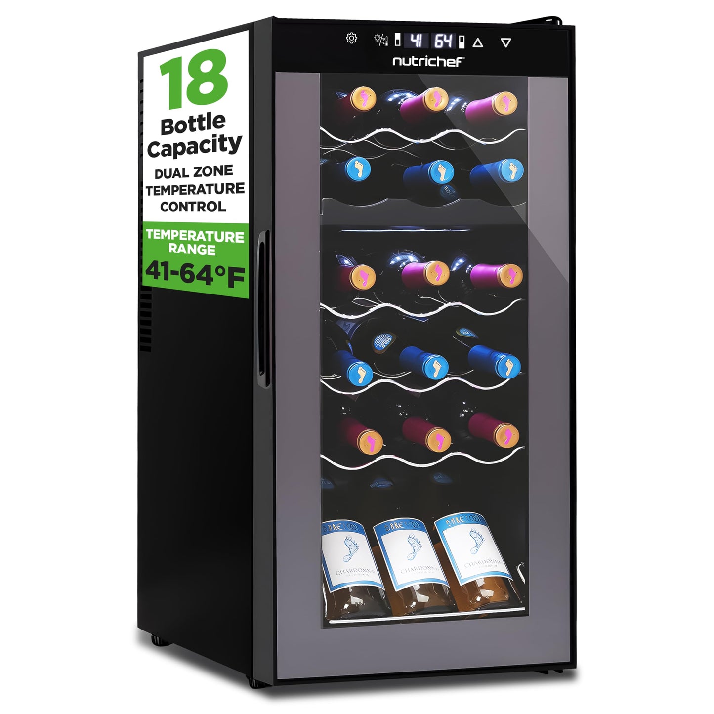 NutriChef 18 Bottle Wine Fridge | Dual Zone Wine Chiller | Adjustable Temperature 41°F to 64°F | Ultra Quiet Operation | Wine Cooler For Home & Office | Free Standing 32x13x19 IN | Black