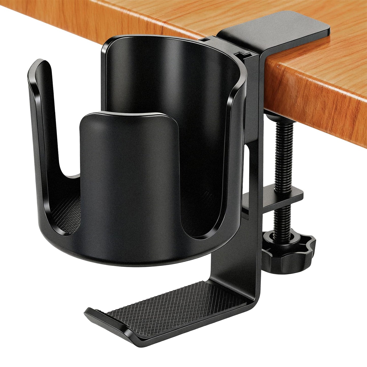 Desk Cup Holder Clamp with Headset Hook, Anti-Spill Water Bottle Stand Clip On Table Edge or Chair Armrests, Office Accessories for Coffee Drink Mug Bottles