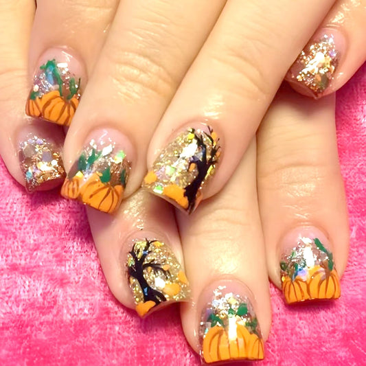 Thanksgiving Press on Nails Short Square Fall False Nail Pumpkin Glitter Sequins Pattern Acrylic Fingernails Full Cover Glossy Festival Stick on Nail Press Ons Reusable Autumn Glue on Nails for Women