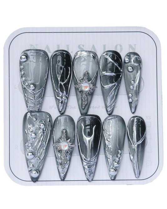 CAMILCY Luxury Handmade Press On Nails Gray Silver Gradient Almond 3D Design Long Stiletto Fake Nails Salon Quality Reusable Acrylic Nails for Women (B07, L)