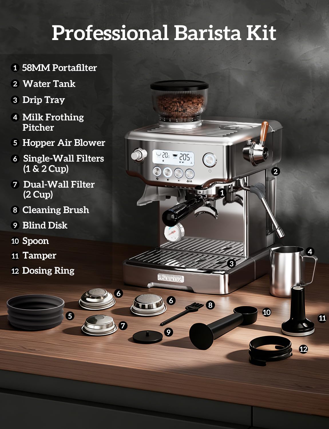 COUPLUX Espresso Machine, 4-IN-1 Professional 58MM Espresso Machine with Grinder 5 Temp Adjust & Compact Espresso Maker 15 Bar with Powerful Milk Frother, One-Touch Americano/Espresso, Stainless Steel