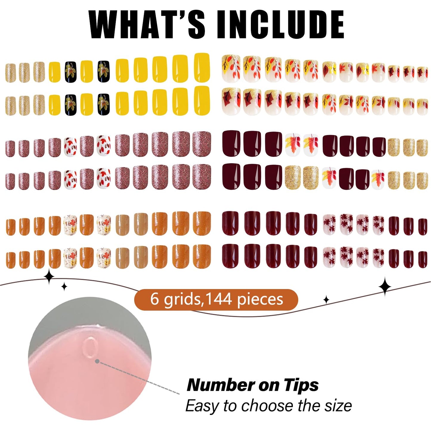 144 Pcs Fall Press on Nails Kit - Short Square False Nails with Maple Leaves, Glitter & Colorful Designs - Full Cover Glossy Glue on Nails - Autumn Acrylic Nails for Women & Girls