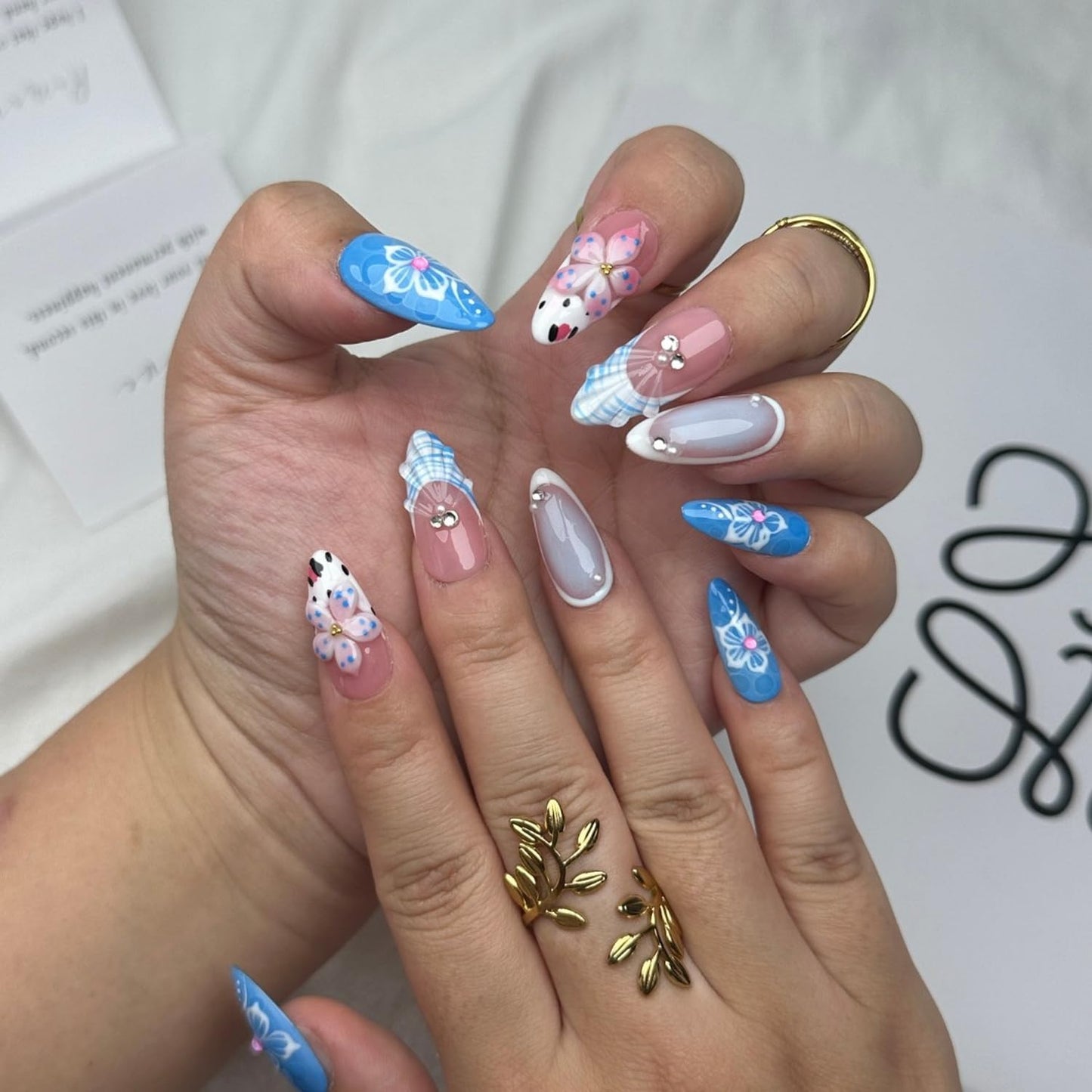 10PCS Handmade Press on Nails Medium Length Almond Fake Nails Full Cover Blue with Pearl Rhinestones designs Gel Stick on Nails French Tip Unique 3d Flower False Nails (S Size)