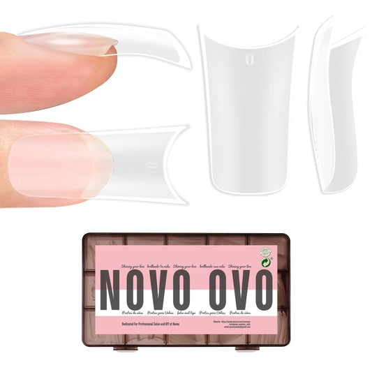 NOVO OVO Halloween Extra Thick Duck Feet Nail Tips Full Cover for Press on Acrylic with Moon Curve, Medim Long Clear Pre-Etched Matte Flare Wide French Soft Gel False Nail Extension x 15 Sizes 150 pcs