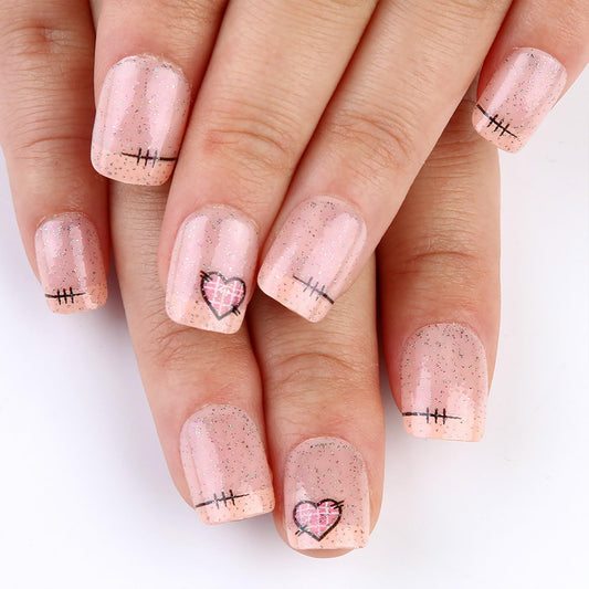 24Pcs Valentine's Press on Nails Short Square French Tip Fake Nails with Pink Heart Design Silver Glitter Artificial Nails Nude Full Cover Glue on Nails Valentines False Nails for Women DIY Nails