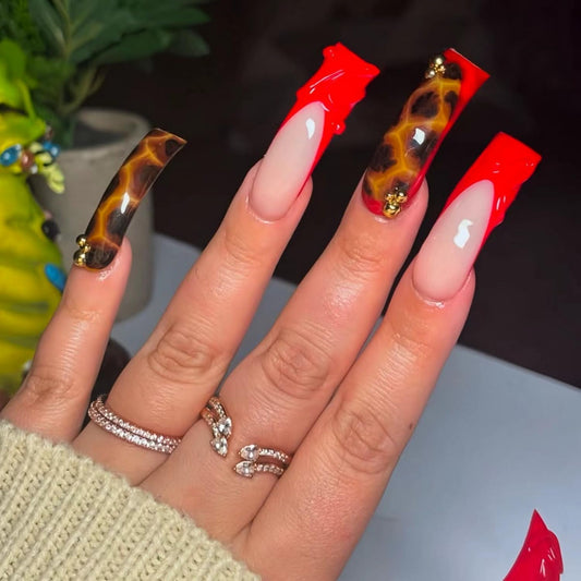 Curved Press on Nail 3d Fake Nails Red French Tip Press ones Extra Long Square with Water Stripe designs Leopard Print Stick on Nails Gold Rhinestones Acrylic Full Cover Gel Glue on Nails for Women