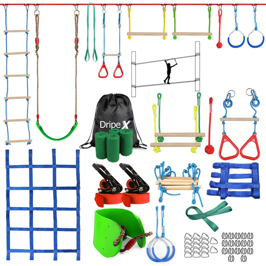 Dripex 65FT Ninja Warrior Obstacle Course for Kids - Double Longest Slacklines with 10 Most Complete Accessories for Kids, Swing, Trapeze Swing, Rope Ladder, Obstacle Net Plus 1.2M Arm Trainer